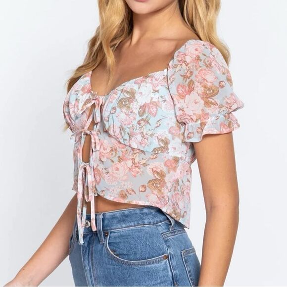 Active USA Sheer Floral Chiffon Tie Front Crop Blouse Blue Pink 1XL Puff Sleeve - Picture 4 of 15